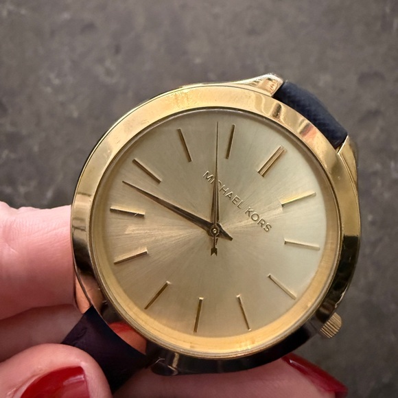 Michael Kors Gold Dial Watch with Slim Navy Blue Leather Strap - Picture 9 of 12
